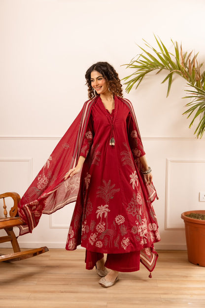 Farheen – Red Printed Cotton A-Line Suit Set with Palm & Floral Motif Dupatta | Office Wear & Festive Daywear for Women