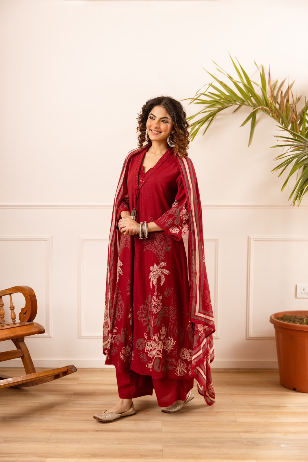 Farheen – Red Printed Cotton A-Line Suit Set with Palm & Floral Motif Dupatta | Office Wear & Festive Daywear for Women