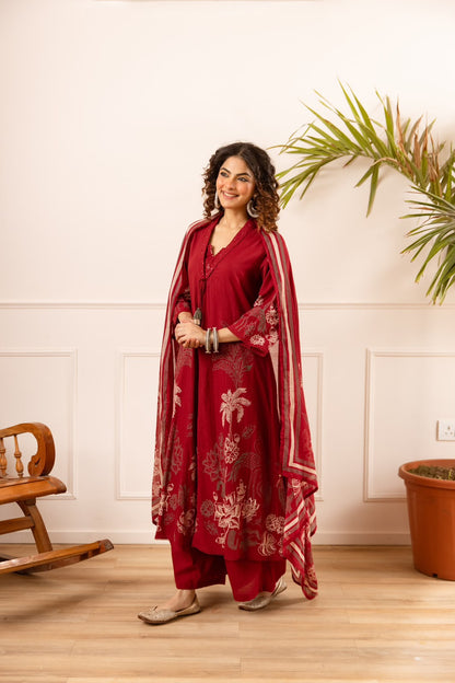 Farheen – Red Printed Cotton A-Line Suit Set with Palm & Floral Motif Dupatta | Office Wear & Festive Daywear for Women
