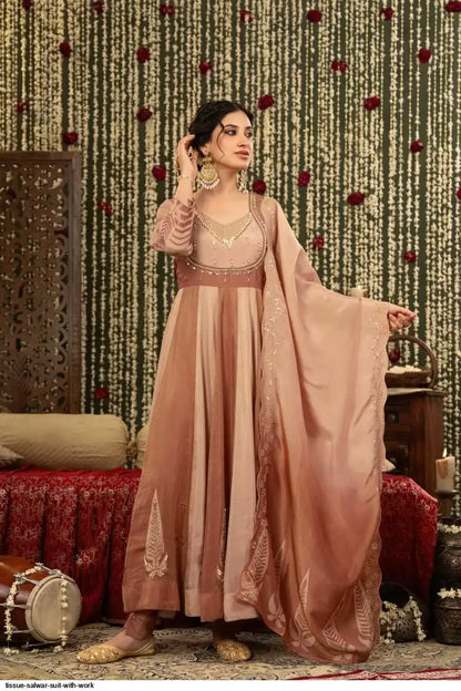 Anaya – Dusty Rose Pure Chinon Anarkali Suit Set with Gota Bib Yoke & Panelled Flare | Mehendi & Sangeet Ethnic Wear for Women