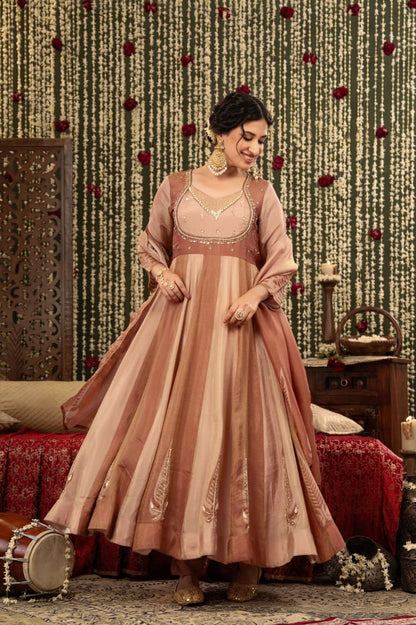Anaya – Dusty Rose Pure Chinon Anarkali Suit Set with Gota Bib Yoke & Panelled Flare | Mehendi & Sangeet Ethnic Wear for Women