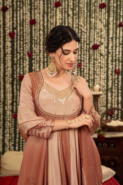 Anaya – Dusty Rose Pure Chinon Anarkali Suit Set with Gota Bib Yoke & Panelled Flare | Mehendi & Sangeet Ethnic Wear for Women