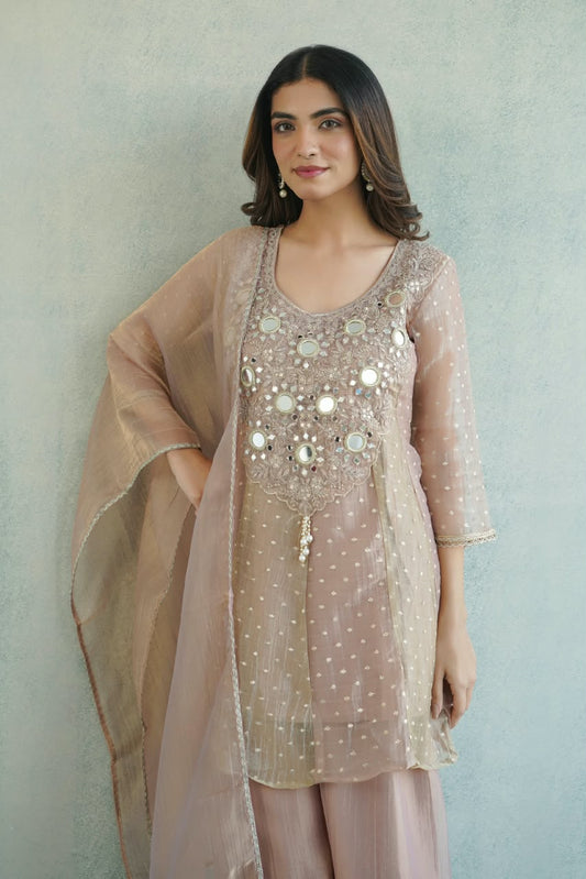 Meher – Mauve Beige Salsa Crush Suit Set with Real Mirror Work & Tasseled Palazzo | Diwali & Evening Ethnic Wear for Women