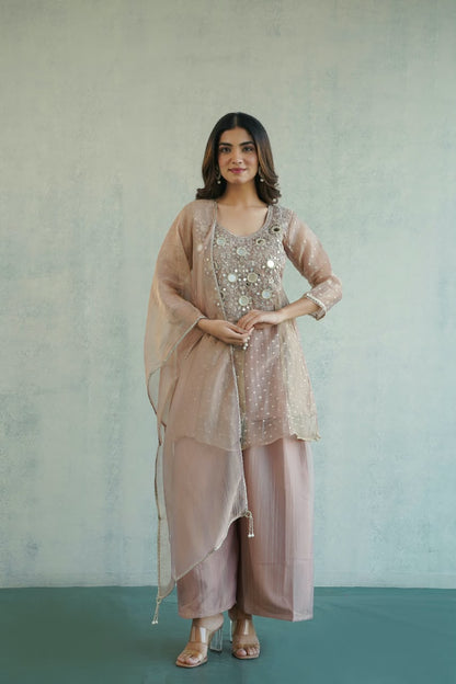 Meher – Mauve Beige Salsa Crush Suit Set with Real Mirror Work & Tasseled Palazzo | Diwali & Evening Ethnic Wear for Women