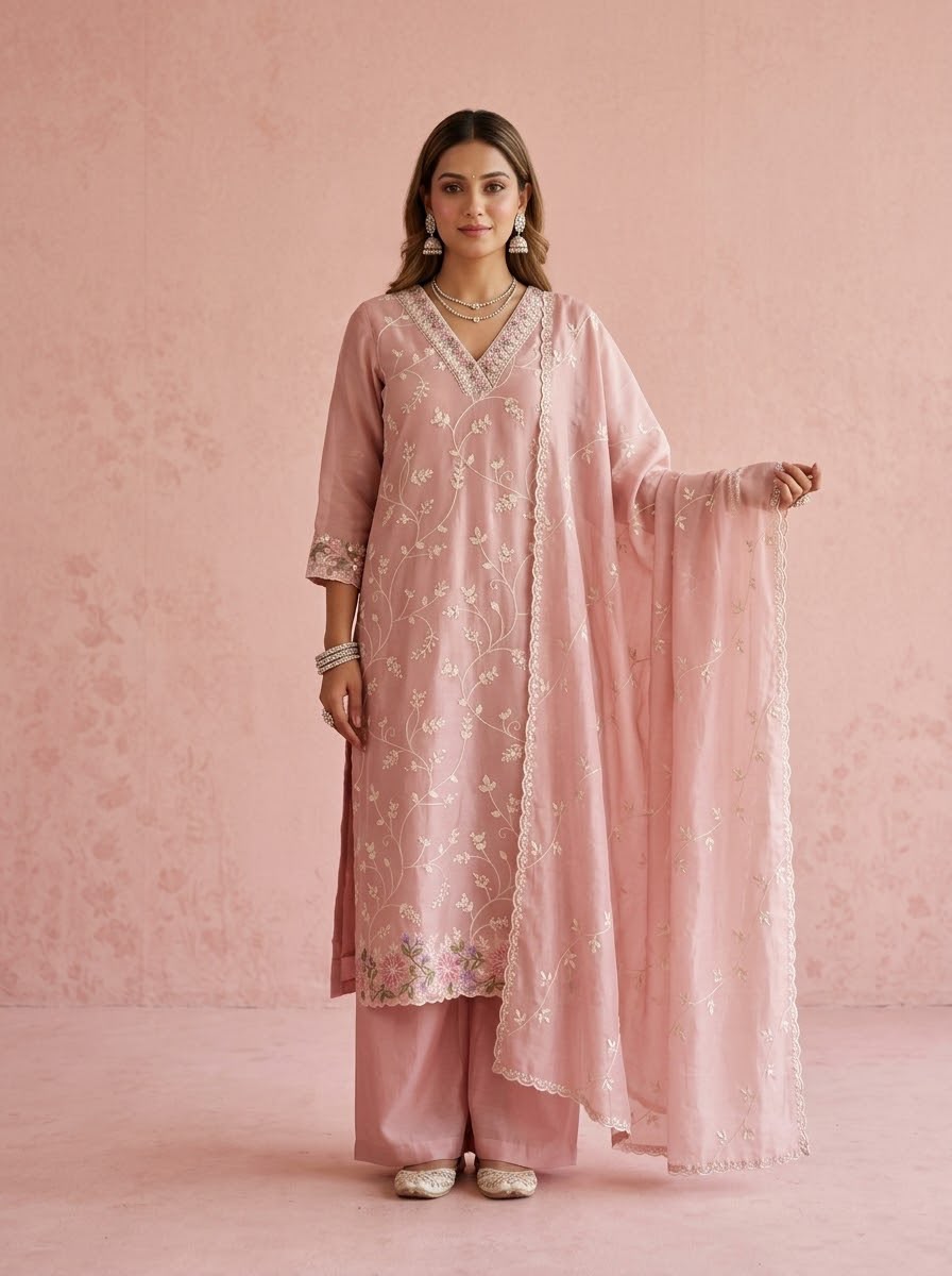 Pastel Pink Embroidered Chanderi Suit | Diwali Pooja Outfit