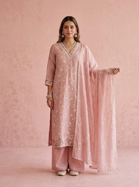 Pastel Pink Embroidered Chanderi Suit | Diwali Pooja Outfit