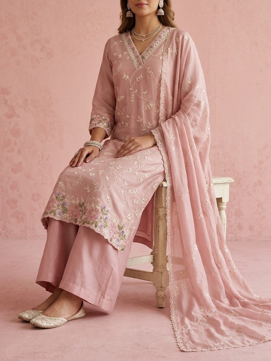 Pastel Pink Embroidered Chanderi Suit | Diwali Pooja Outfit