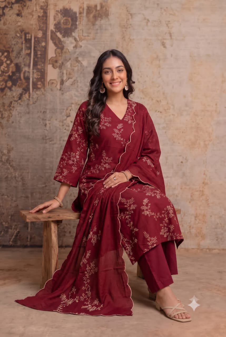 Aabroo – Maroon Pure Cotton Embroidered Suit Set with Scalloped Dupatta | Office Wear & Festive Daywear for Women