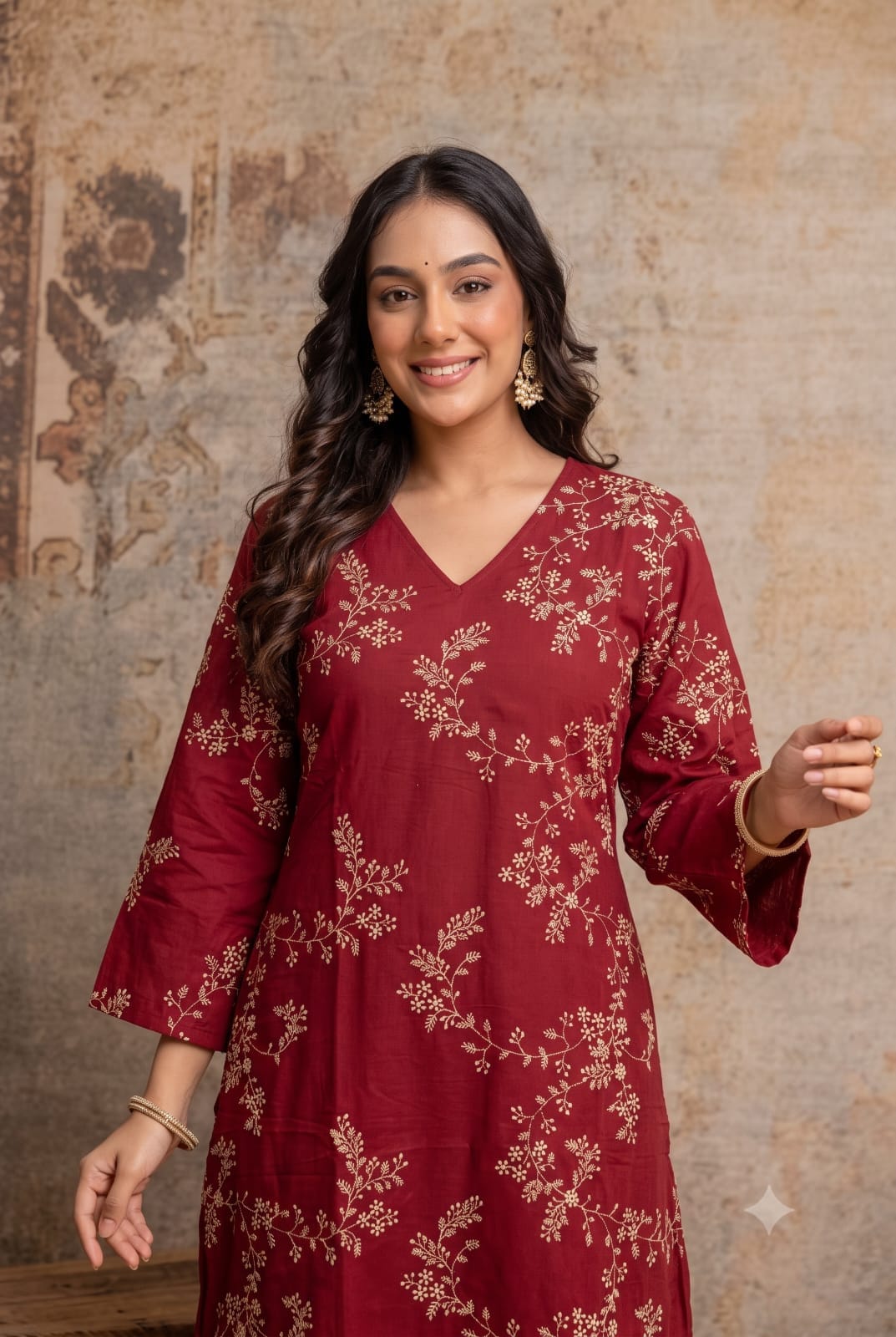 Aabroo – Maroon Pure Cotton Embroidered Suit Set with Scalloped Dupatta | Office Wear & Festive Daywear for Women