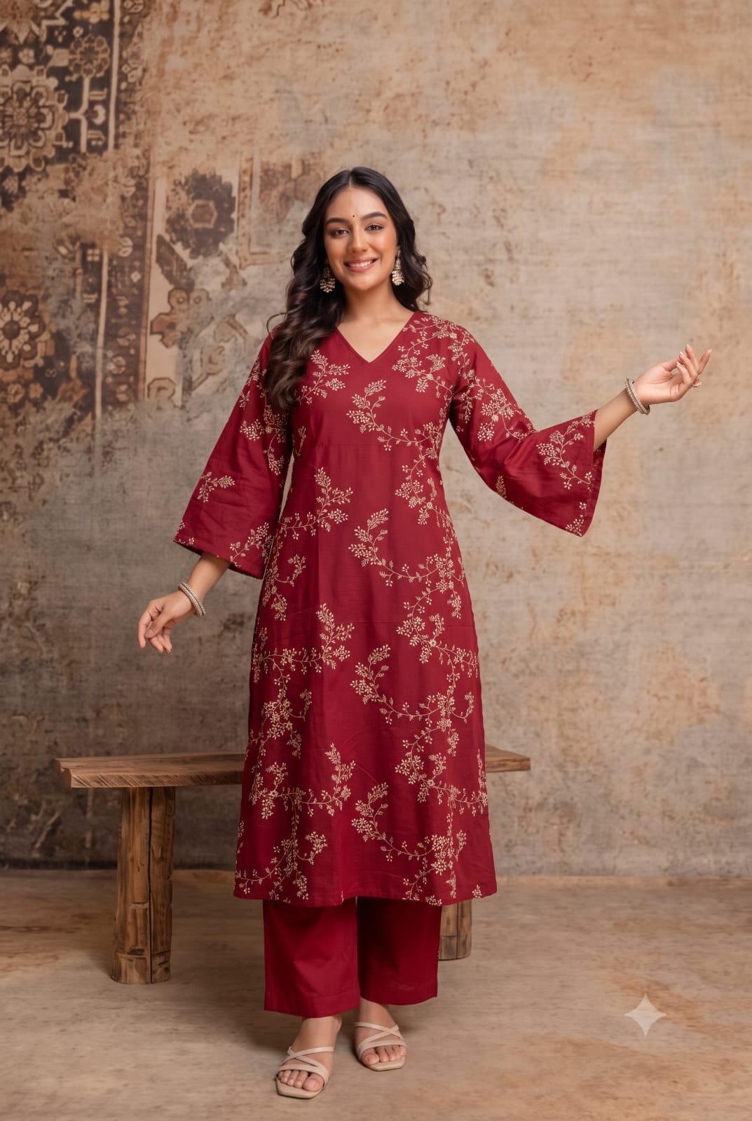 Aabroo – Maroon Pure Cotton Embroidered Suit Set with Scalloped Dupatta | Office Wear & Festive Daywear for Women