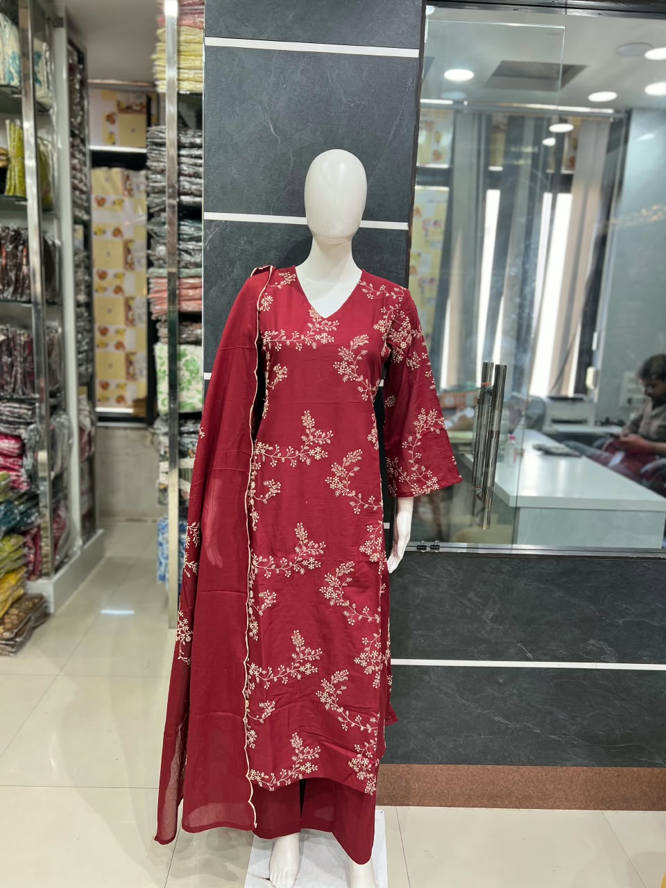 Aabroo – Maroon Pure Cotton Embroidered Suit Set with Scalloped Dupatta | Office Wear & Festive Daywear for Women