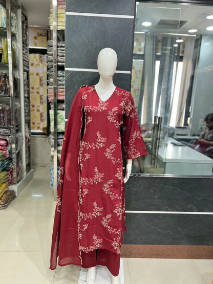 Aabroo – Maroon Pure Cotton Embroidered Suit Set with Scalloped Dupatta | Office Wear & Festive Daywear for Women