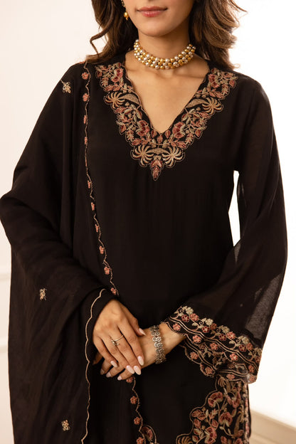 Shabnam – Black Mul Chanderi Suit Set with Floral Embroidered Yoke & Palazzo | Karva Chauth & Wedding Guest Ethnic Wear for Women