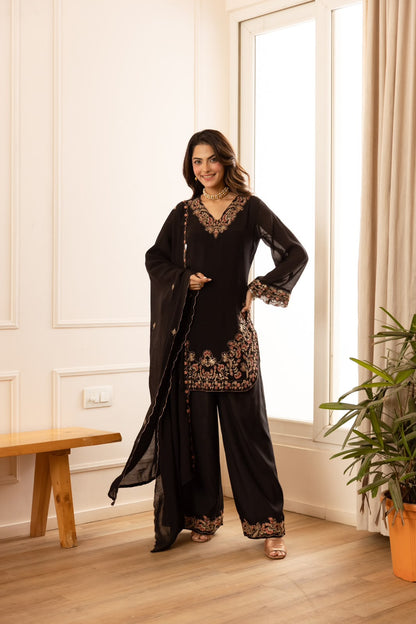 Shabnam – Black Mul Chanderi Suit Set with Floral Embroidered Yoke & Palazzo | Karva Chauth & Wedding Guest Ethnic Wear for Women