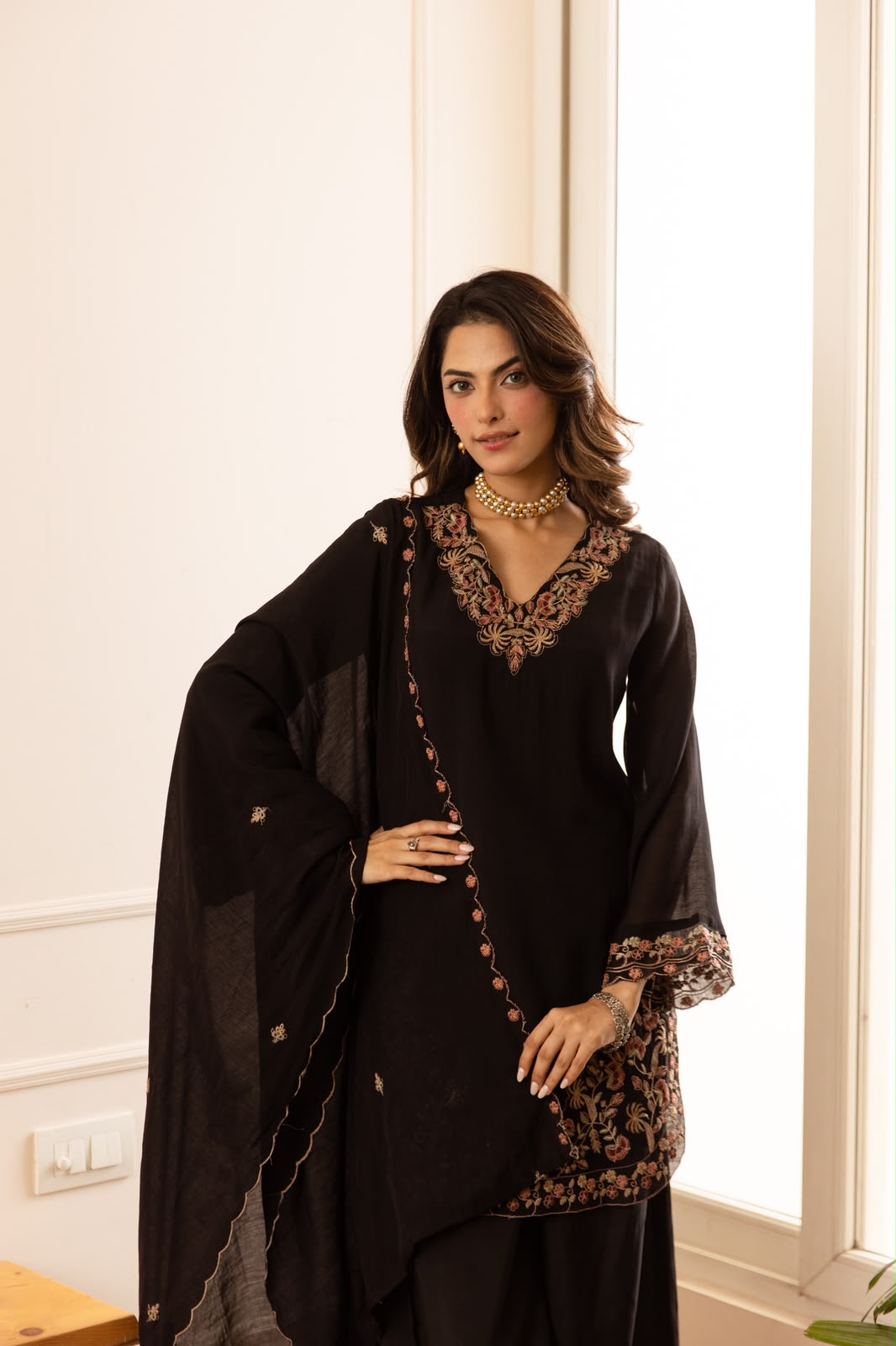Shabnam – Black Mul Chanderi Suit Set with Floral Embroidered Yoke & Palazzo | Karva Chauth & Wedding Guest Ethnic Wear for Women