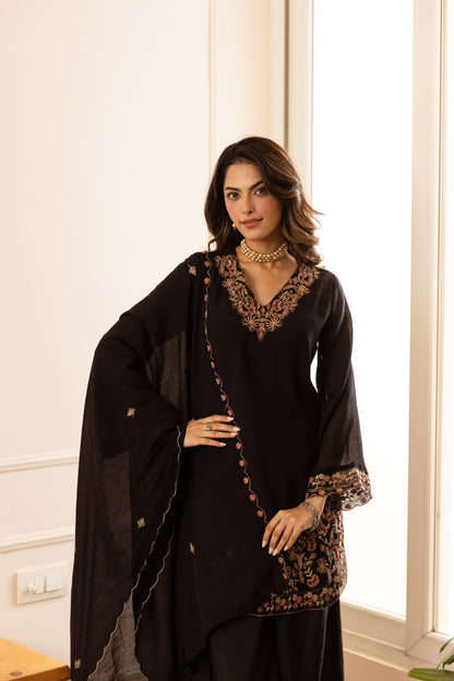 Shabnam – Black Mul Chanderi Suit Set with Floral Embroidered Yoke & Palazzo | Karva Chauth & Wedding Guest Ethnic Wear for Women