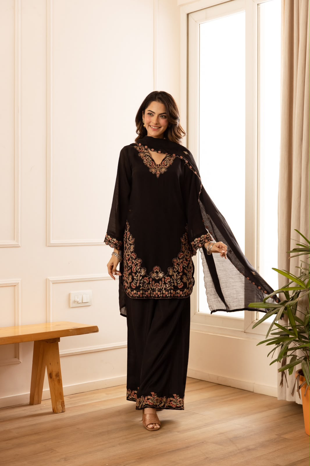 Shabnam – Black Mul Chanderi Suit Set with Floral Embroidered Yoke & Palazzo | Karva Chauth & Wedding Guest Ethnic Wear for Women