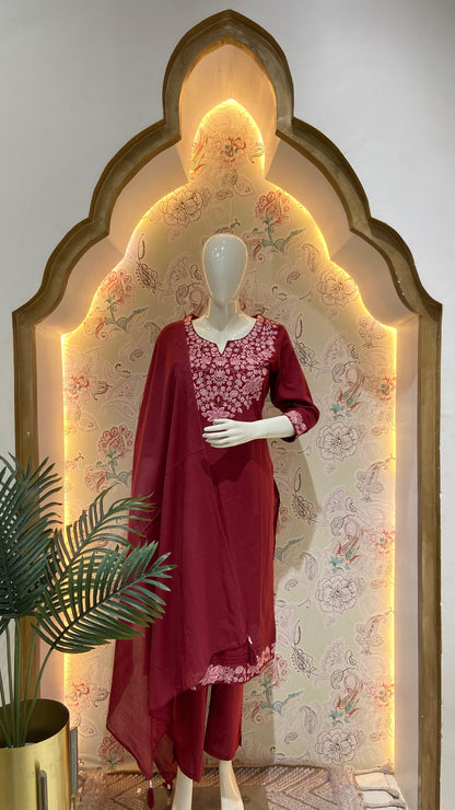 Tamanna – Rust & Maroon Cotton Suit Set with Embroidered Neck & Sleeves | Festive Ethnic Wear for Women