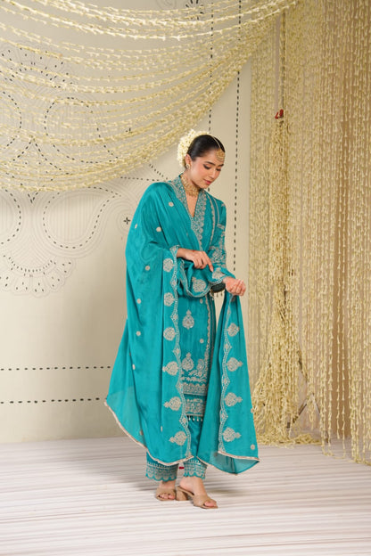 Firoza Noor - Teal Embroidered Straight Kurta Palazzo Set with Embroidery Work | Rakhi & Diwali Outfits for Women