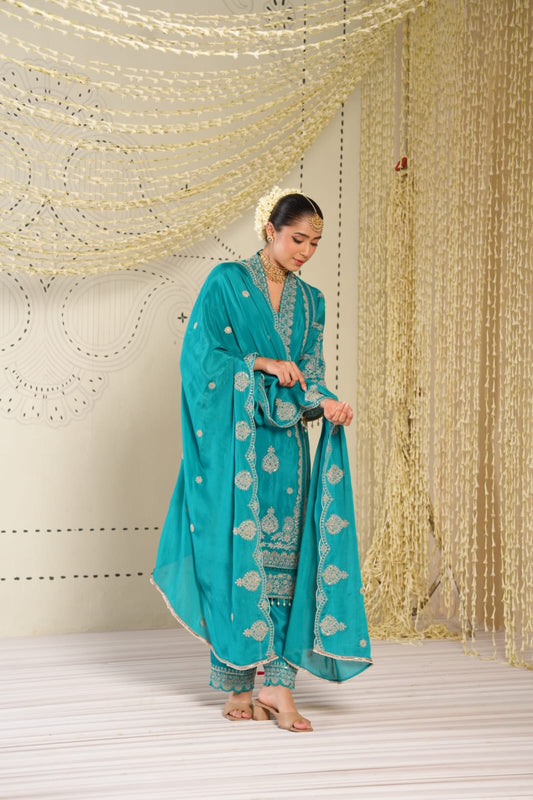 Firoza Noor - Teal Embroidered Straight Kurta Palazzo Set with Embroidery Work | Rakhi & Diwali Outfits for Women