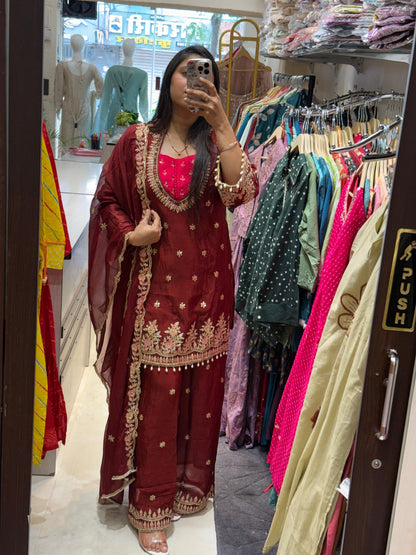 Zeenat-e-Mehak | Maroon Embroidered Kurti Set with Palazzo & Dupatta | Festive outfits for Women