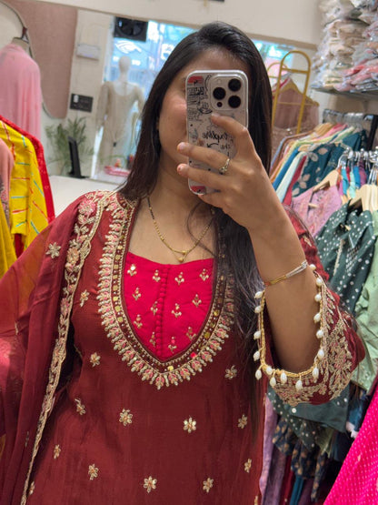 Zeenat-e-Mehak | Maroon Embroidered Kurti Set with Palazzo & Dupatta | Festive outfits for Women