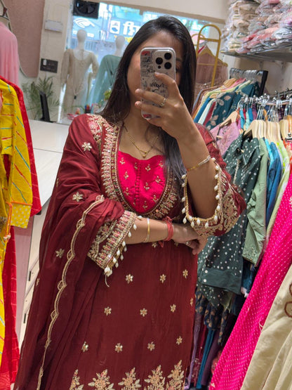 Zeenat-e-Mehak | Maroon Embroidered Kurti Set with Palazzo & Dupatta | Festive outfits for Women