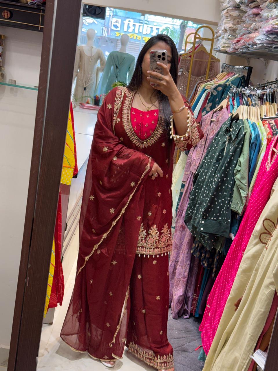 Zeenat-e-Mehak | Maroon Embroidered Kurti Set with Palazzo & Dupatta | Festive outfits for Women
